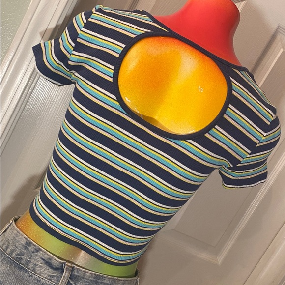 SO Striped Blue and Yellow Ribbed Crop Top - Picture 7 of 9